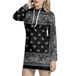 Black And White Paisley Bandana Print Pullover Hoodie Dress