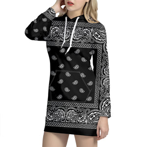 Black And White Paisley Bandana Print Pullover Hoodie Dress – GearFrost