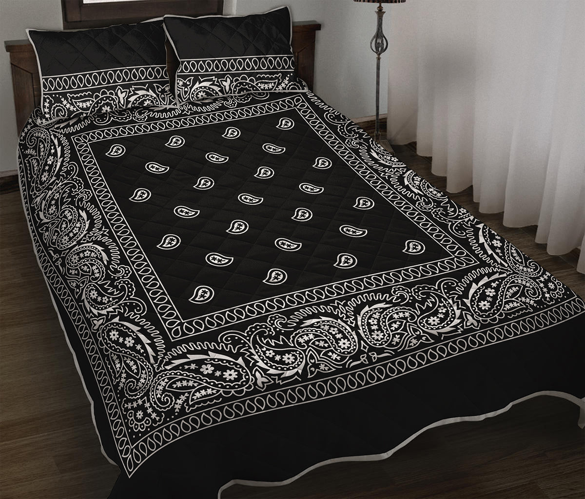 Black And White Paisley Bandana Print Quilt Bed Set