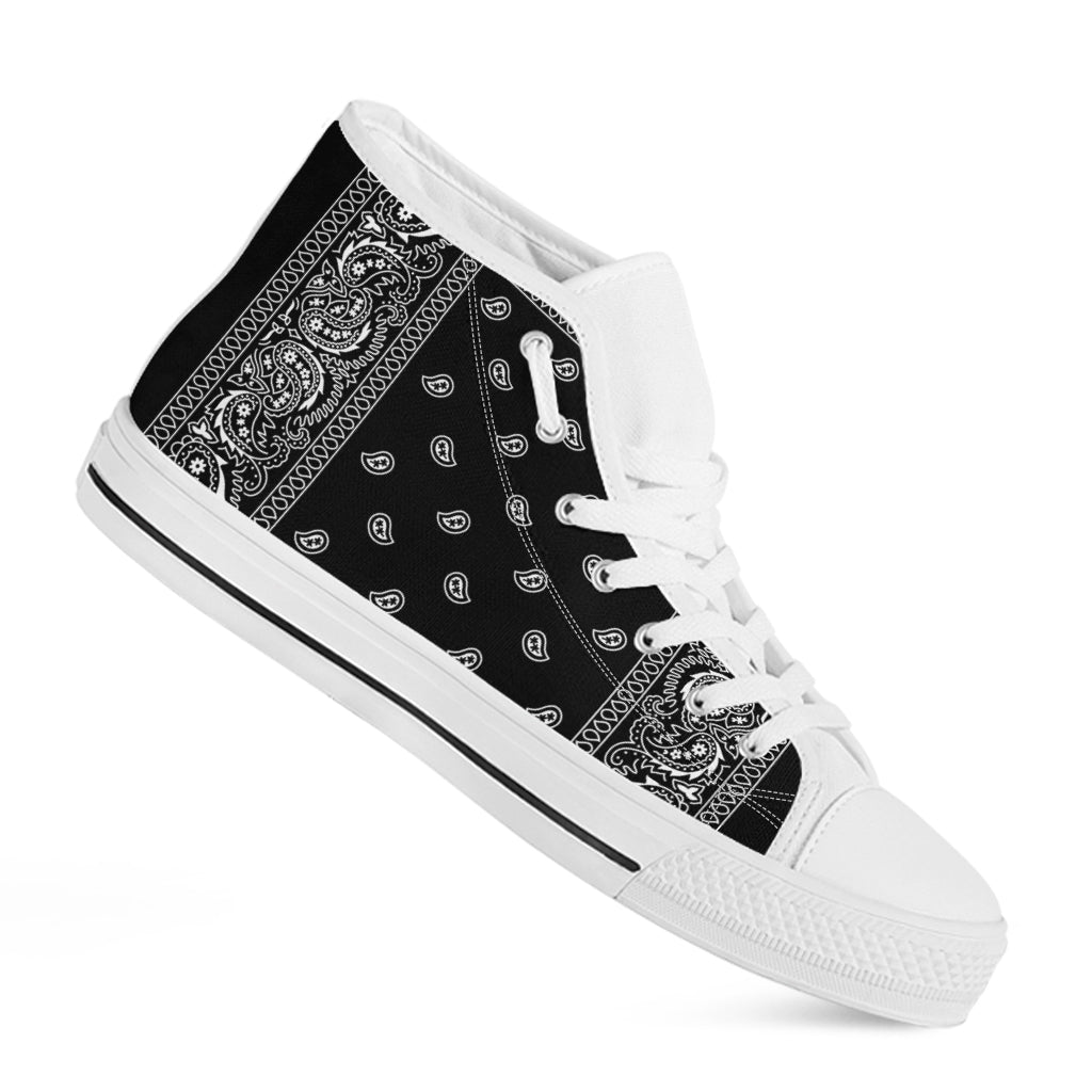 Black And White Paisley Bandana Print White High Top Sneakers