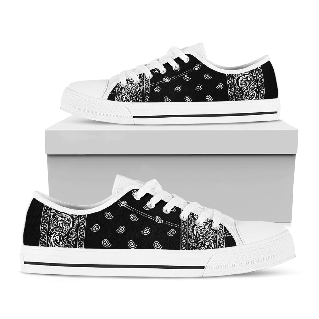 Black And White Paisley Bandana Print White Low Top Shoes