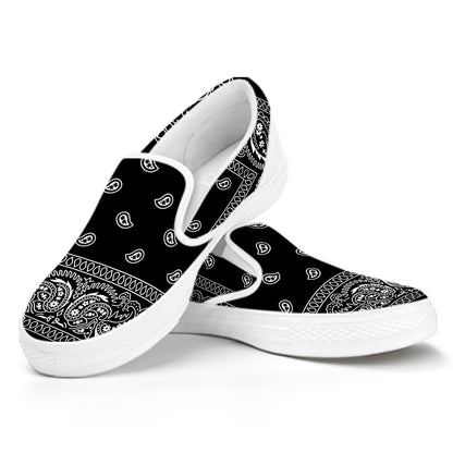 Black And White Paisley Bandana Print White Slip On Shoes