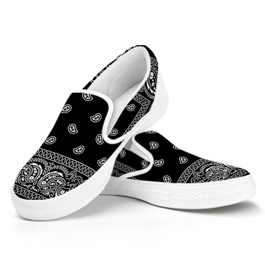 Black And White Paisley Bandana Print White Slip On Shoes