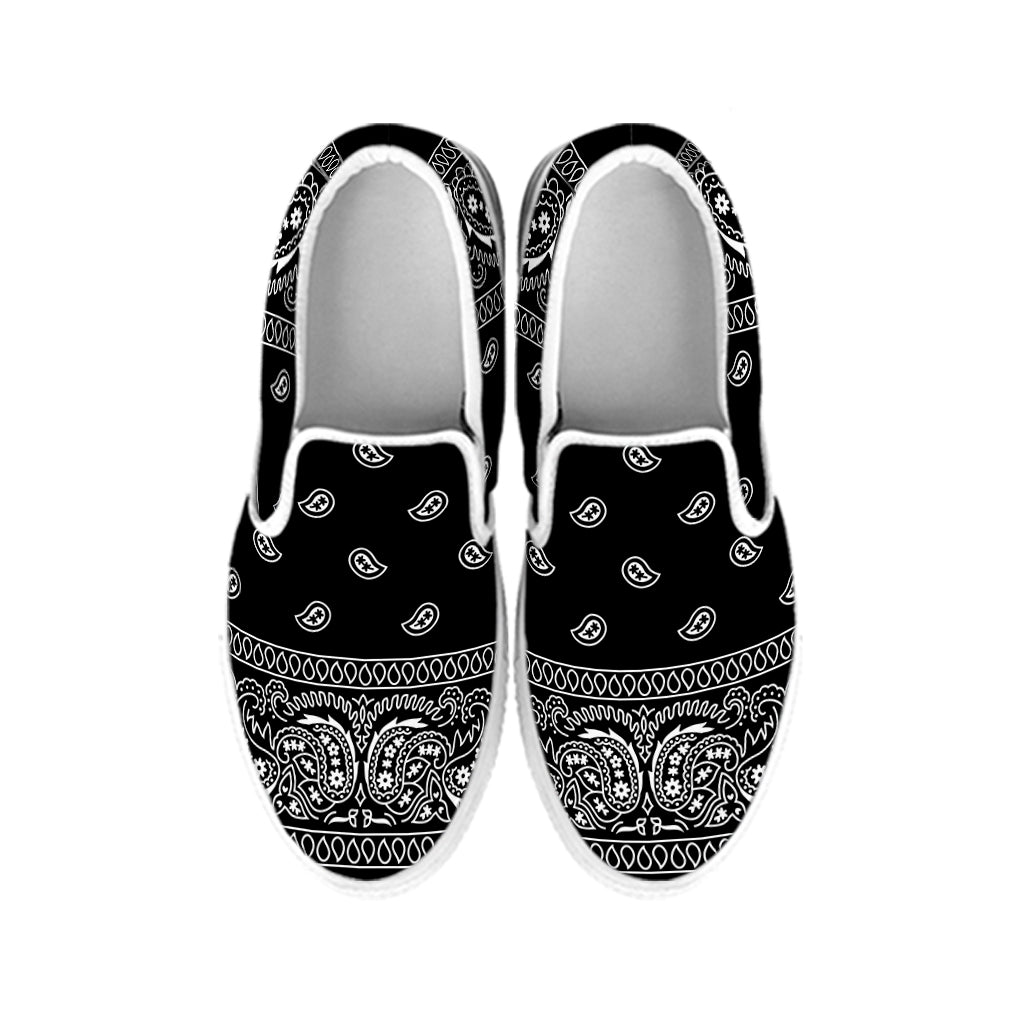 Black And White Paisley Bandana Print White Slip On Shoes