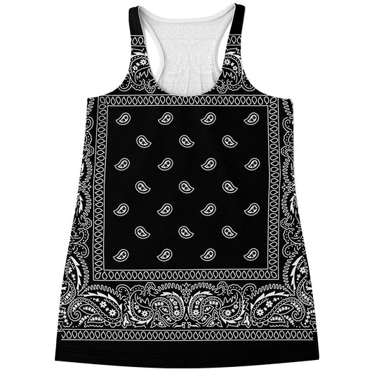 Black And White Paisley Bandana Print Women's Racerback Tank Top