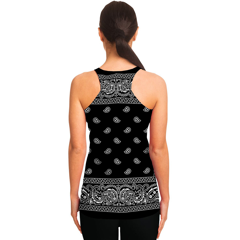 Black And White Paisley Bandana Print Women's Racerback Tank Top