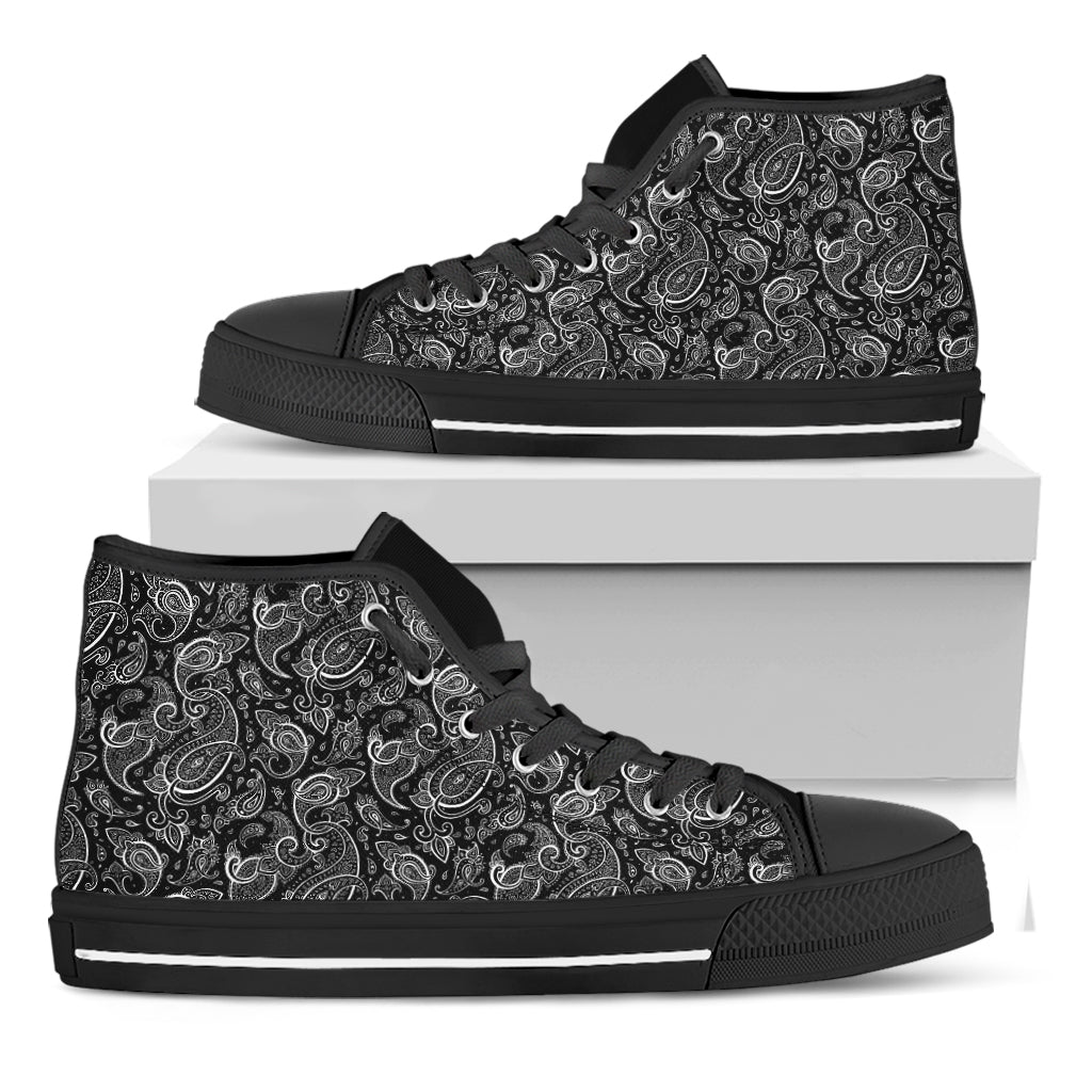 Black And White Paisley Pattern Print Black High Top Shoes