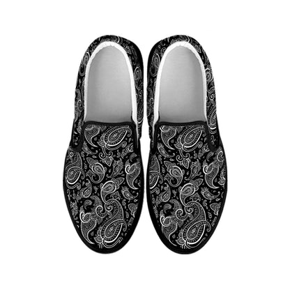 Black And White Paisley Pattern Print Black Slip On Shoes