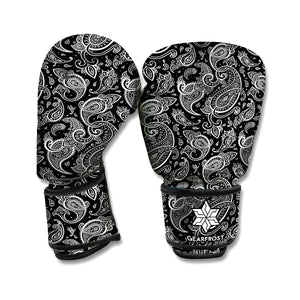 Black And White Paisley Pattern Print Boxing Gloves