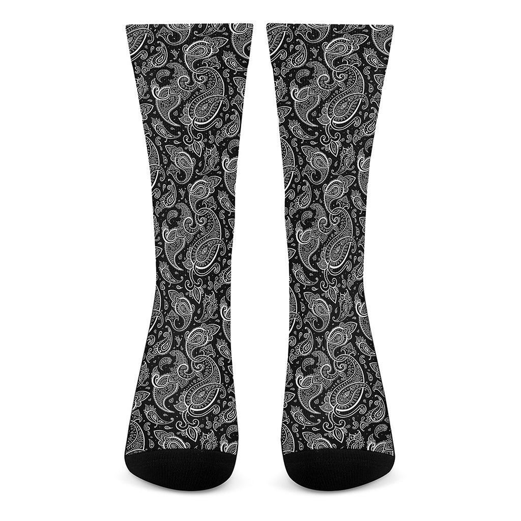 Black And White Paisley Pattern Print Crew Socks