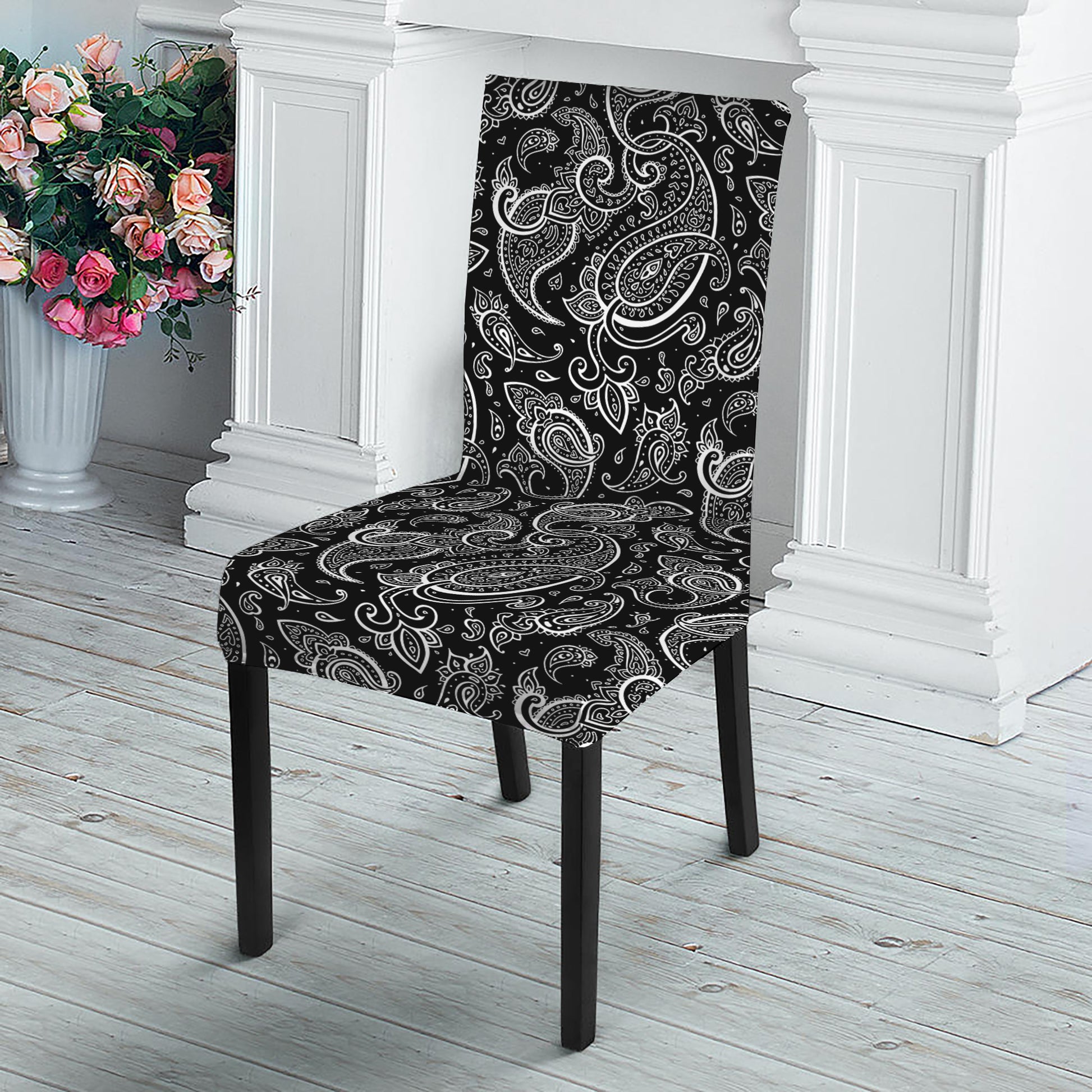 Black And White Paisley Pattern Print Dining Chair Slipcover
