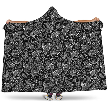 Black And White Paisley Pattern Print Hooded Blanket