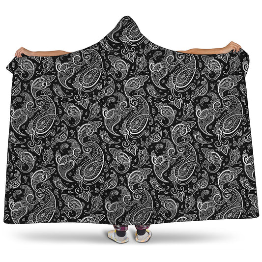 Black And White Paisley Pattern Print Hooded Blanket