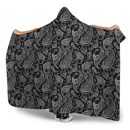 Black And White Paisley Pattern Print Hooded Blanket