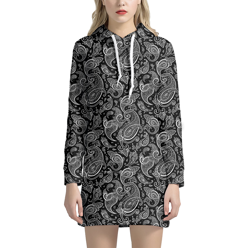 Black And White Paisley Pattern Print Hoodie Dress