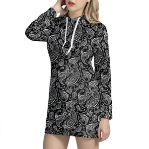 Black And White Paisley Pattern Print Hoodie Dress