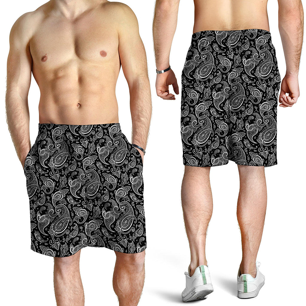 Black And White Paisley Pattern Print Men's Shorts
