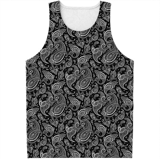 Black And White Paisley Pattern Print Men's Tank Top