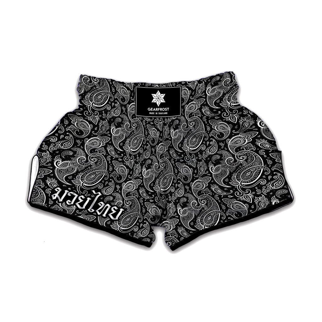 Black And White Paisley Pattern Print Muay Thai Boxing Shorts