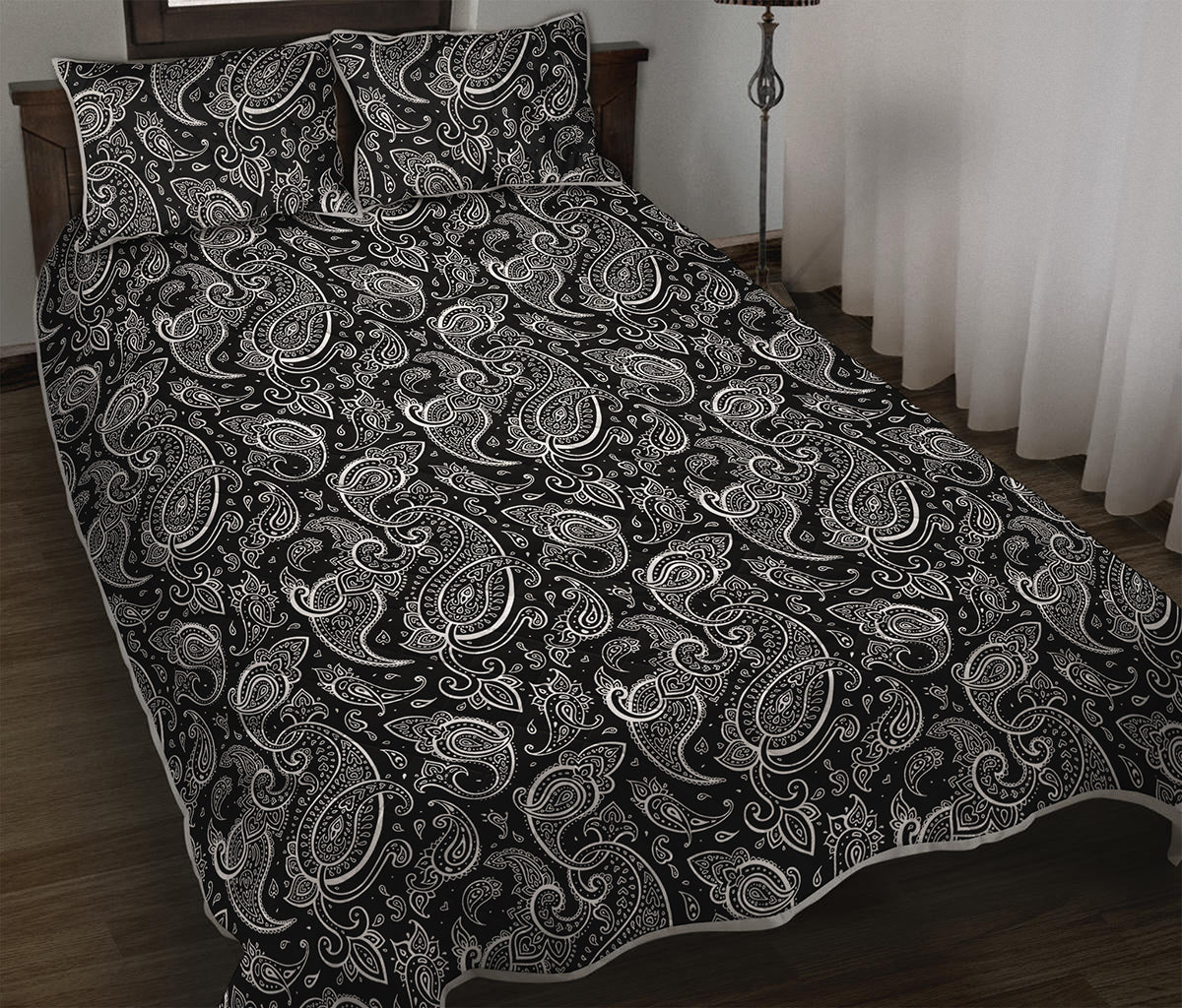 Black And White Paisley Pattern Print Quilt Bed Set