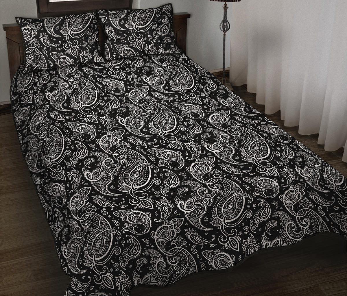 Black And White Paisley Pattern Print Quilt Bed Set