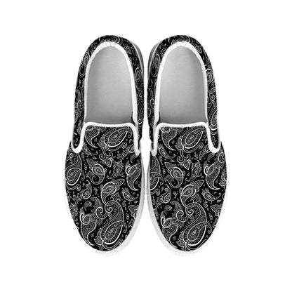 Black And White Paisley Pattern Print White Slip On Shoes