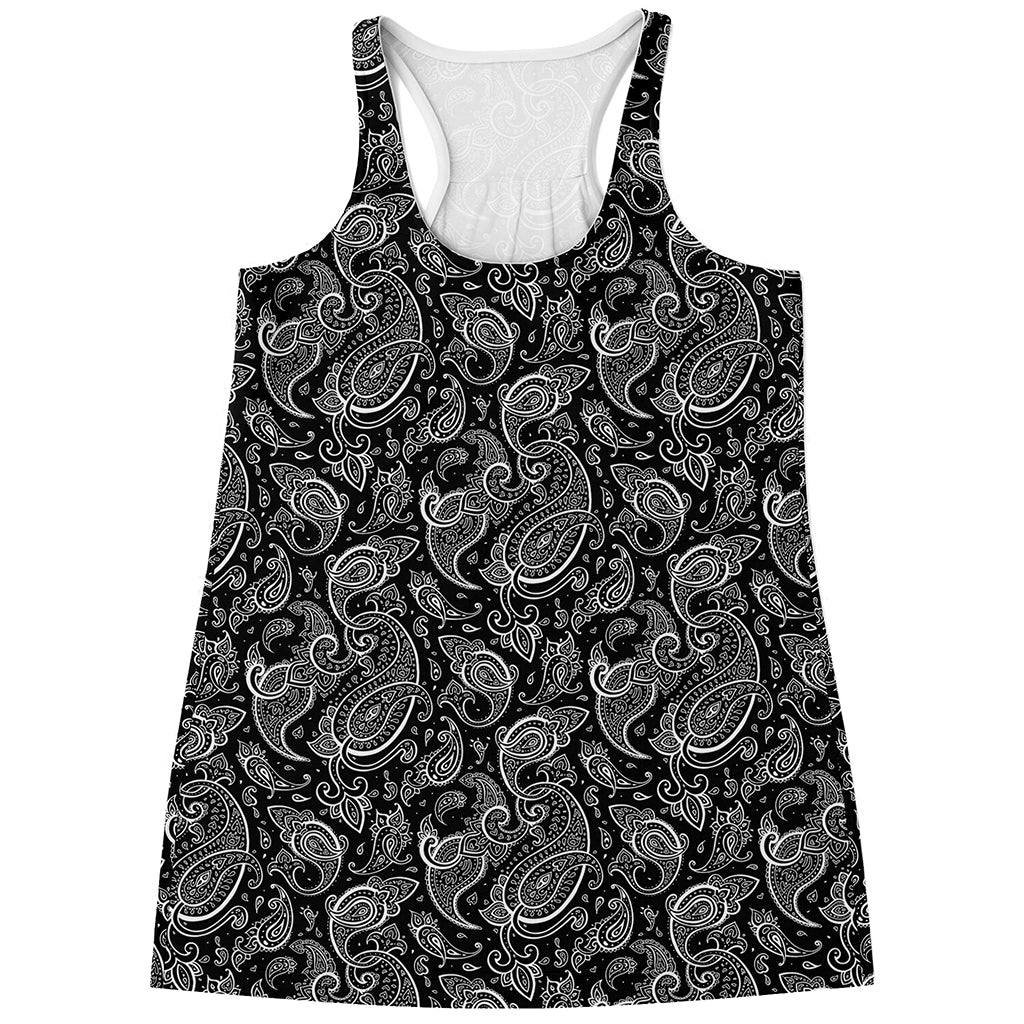 Black And White Paisley Pattern Print Women's Racerback Tank Top