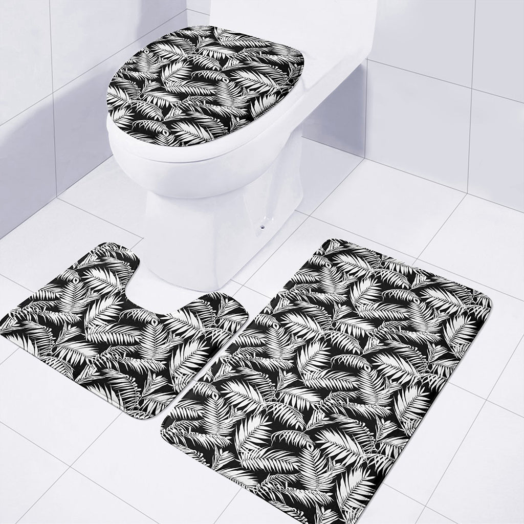Black And White Palm Leaves Print 3 Piece Bath Mat Set