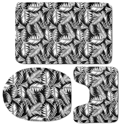 Black And White Palm Leaves Print 3 Piece Bath Mat Set