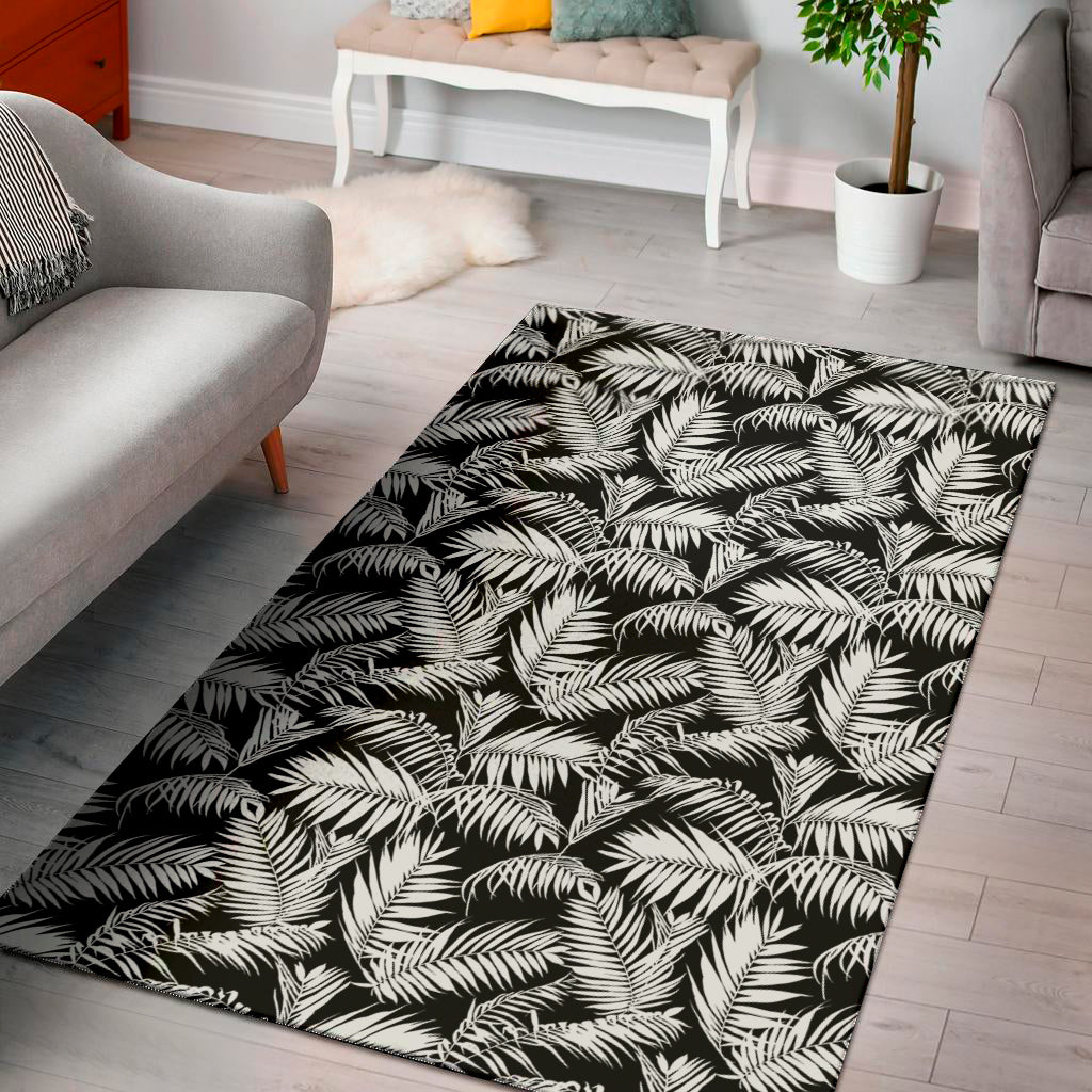 Black And White Palm Leaves Print Area Rug