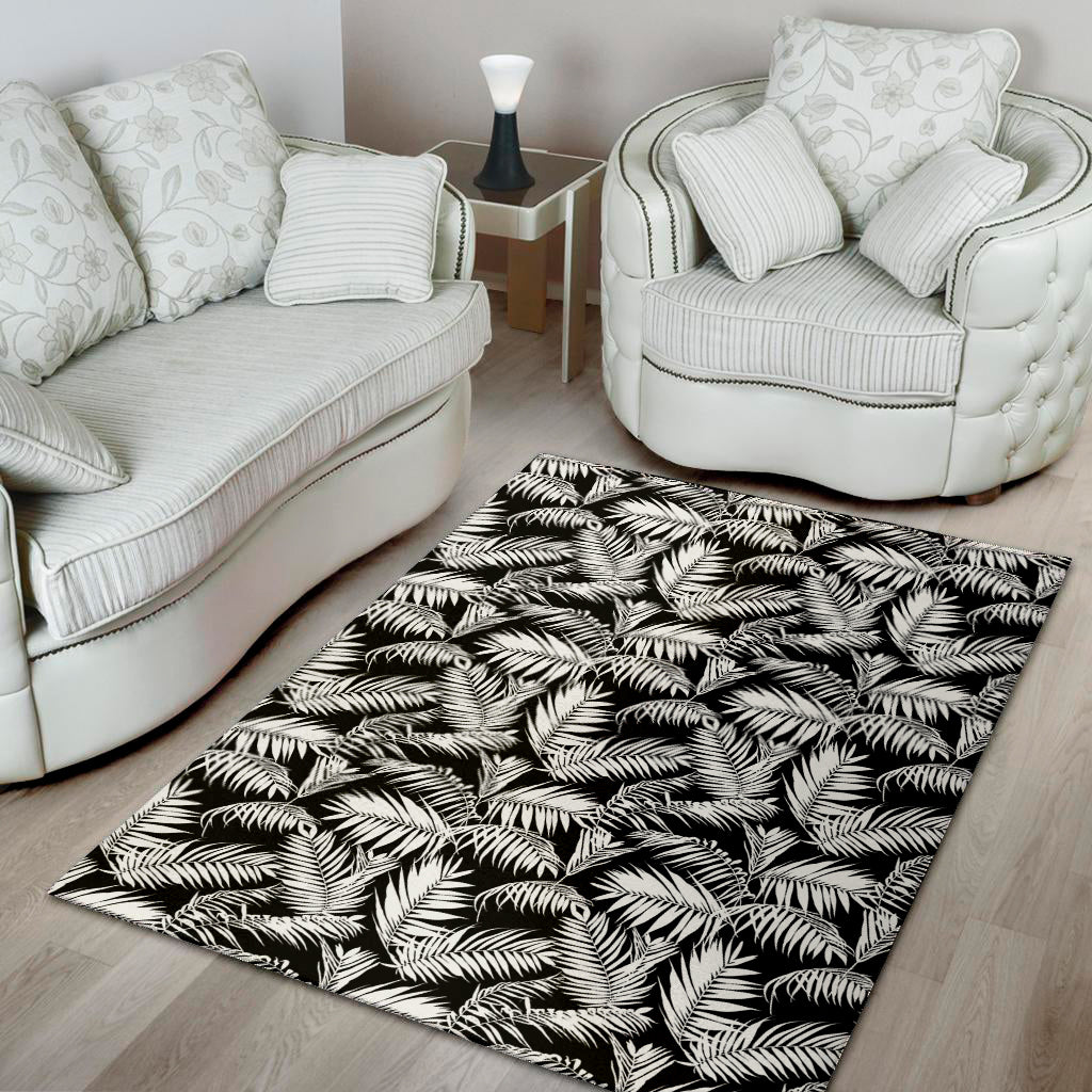 Black And White Palm Leaves Print Area Rug