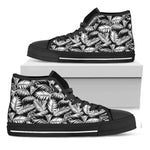 Black And White Palm Leaves Print Black High Top Shoes