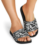 Black And White Palm Leaves Print Black Slide Sandals