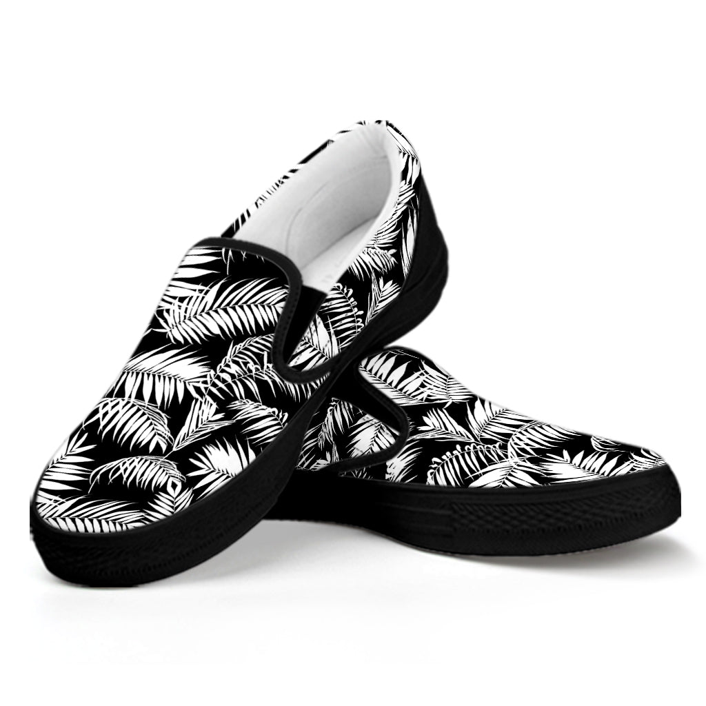 Black And White Palm Leaves Print Black Slip On Shoes