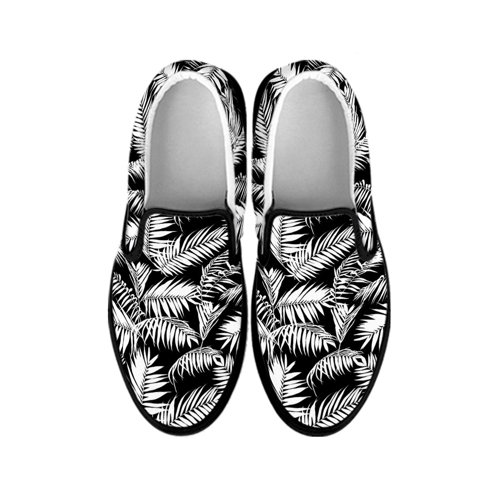 Black And White Palm Leaves Print Black Slip On Shoes