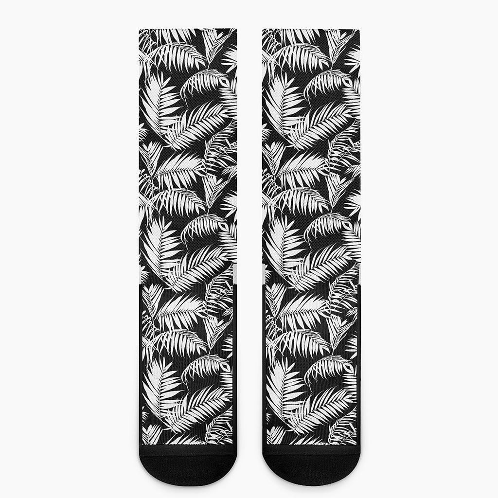 Black And White Palm Leaves Print Crew Socks