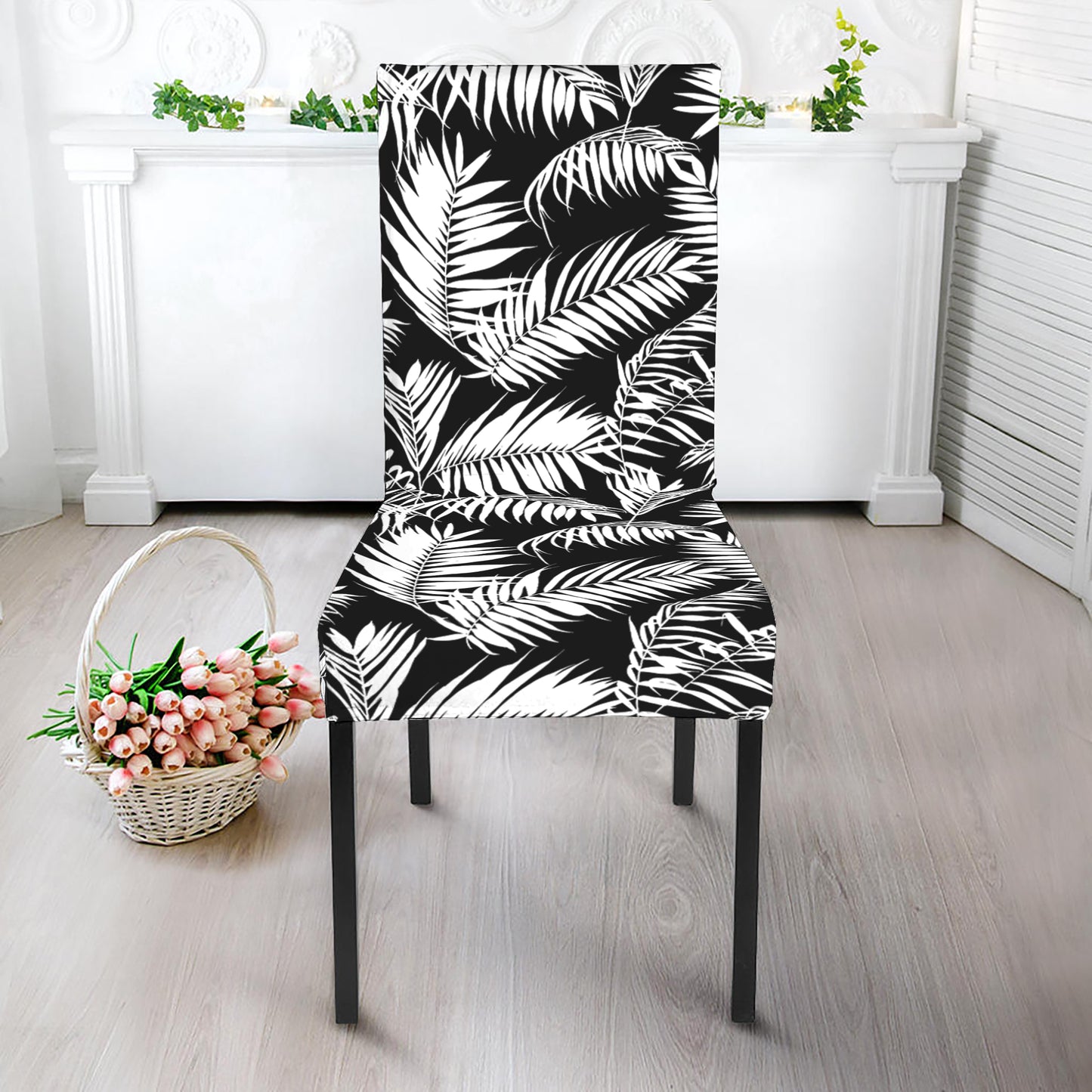 Black And White Palm Leaves Print Dining Chair Slipcover
