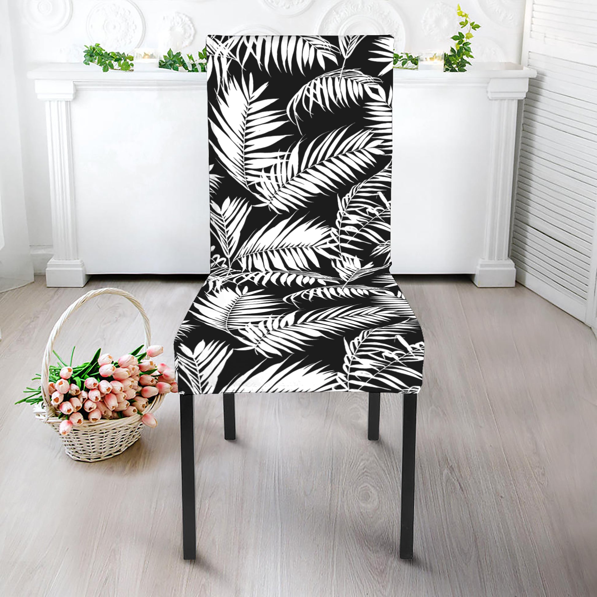 Black And White Palm Leaves Print Dining Chair Slipcover