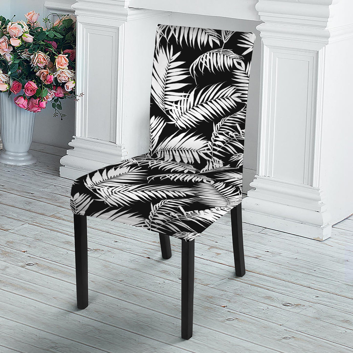 Black And White Palm Leaves Print Dining Chair Slipcover