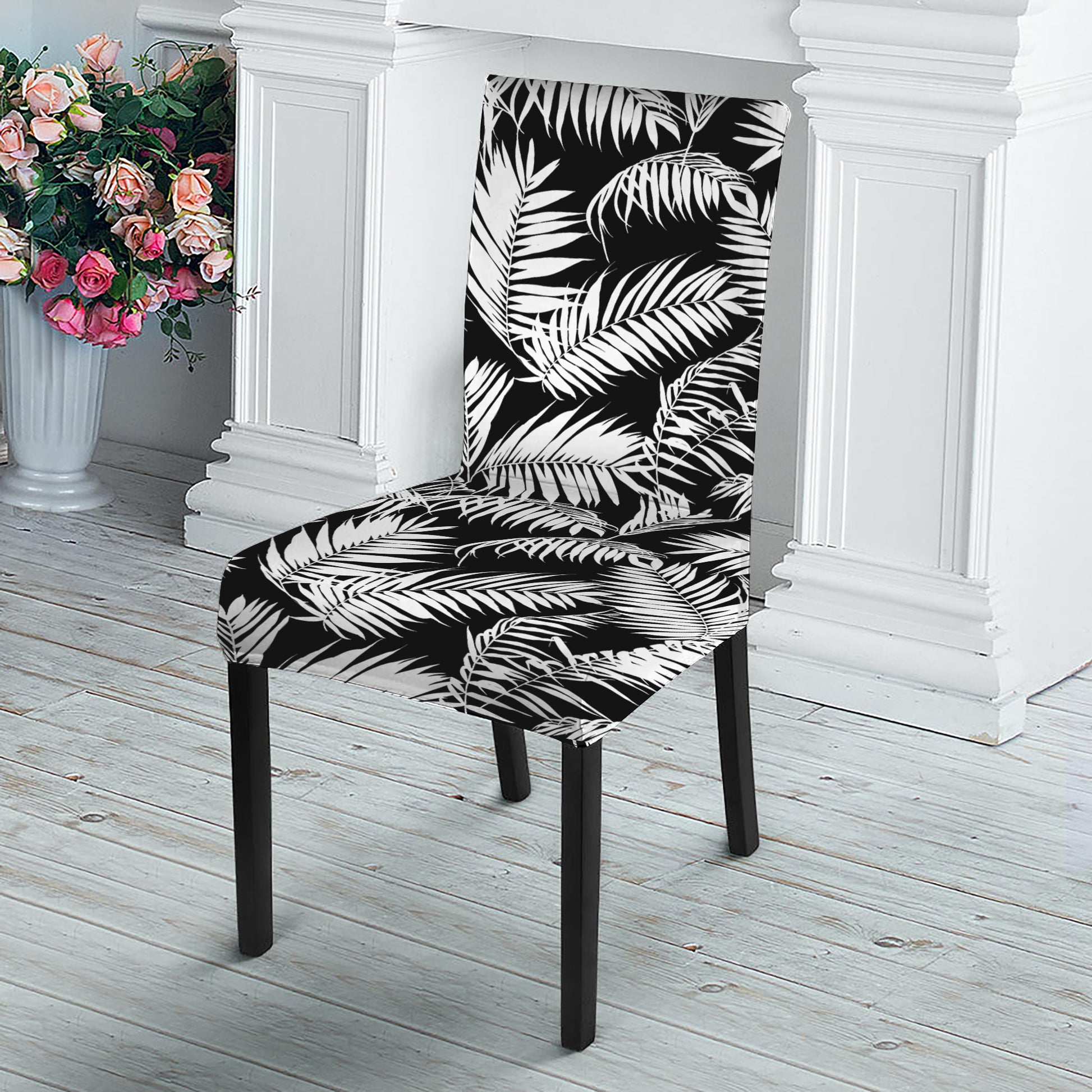 Black And White Palm Leaves Print Dining Chair Slipcover