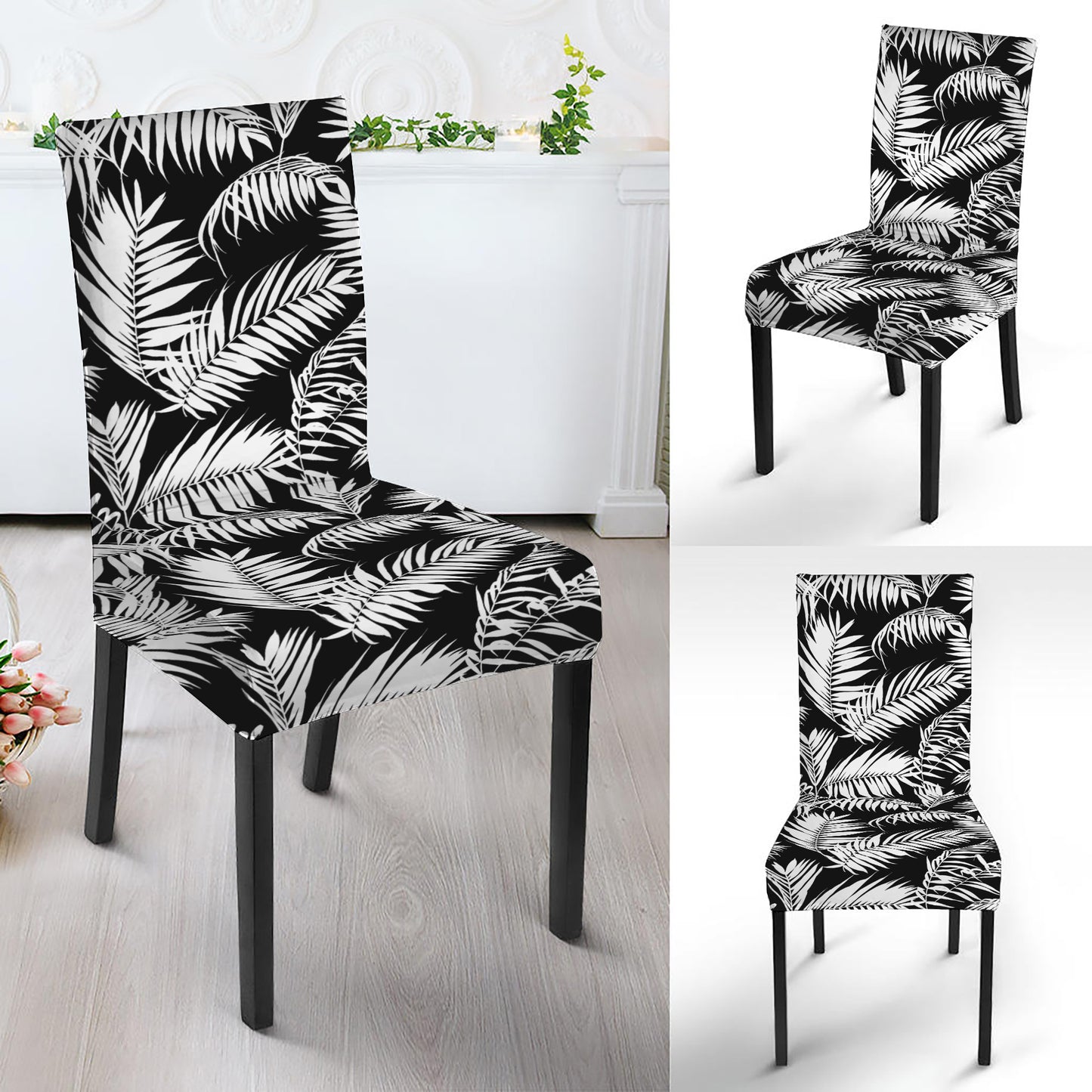 Black And White Palm Leaves Print Dining Chair Slipcover