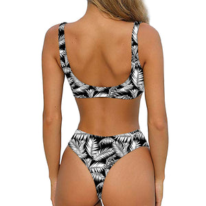 Black And White Palm Leaves Print Front Bow Tie Bikini