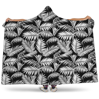 Black And White Palm Leaves Print Hooded Blanket