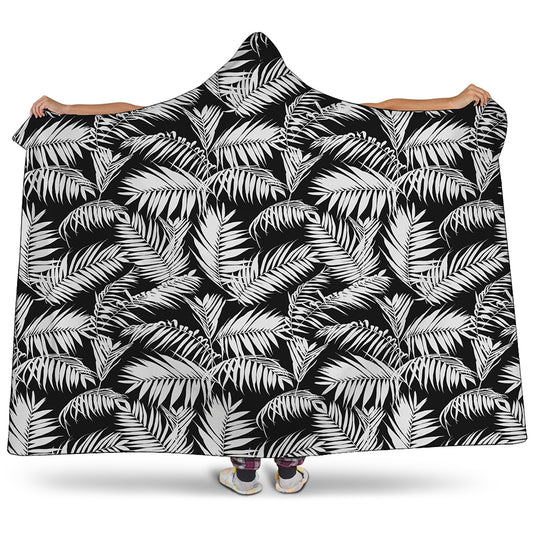 Black And White Palm Leaves Print Hooded Blanket