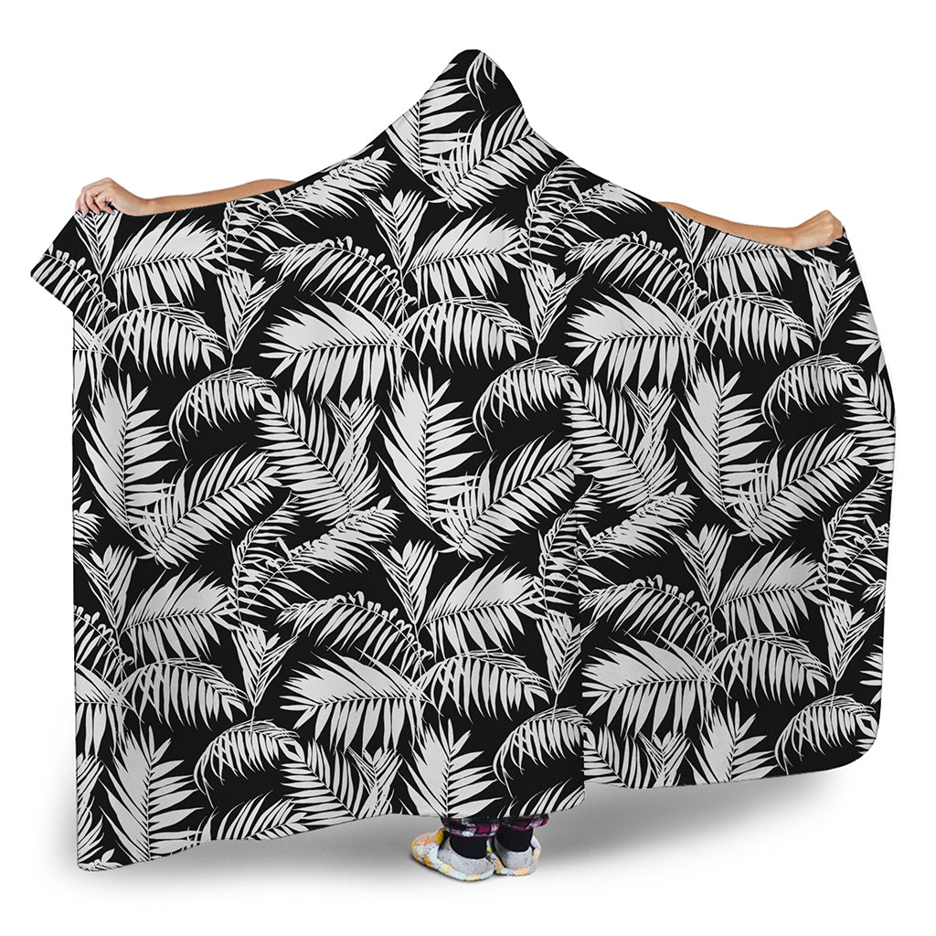 Black And White Palm Leaves Print Hooded Blanket