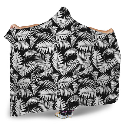 Black And White Palm Leaves Print Hooded Blanket