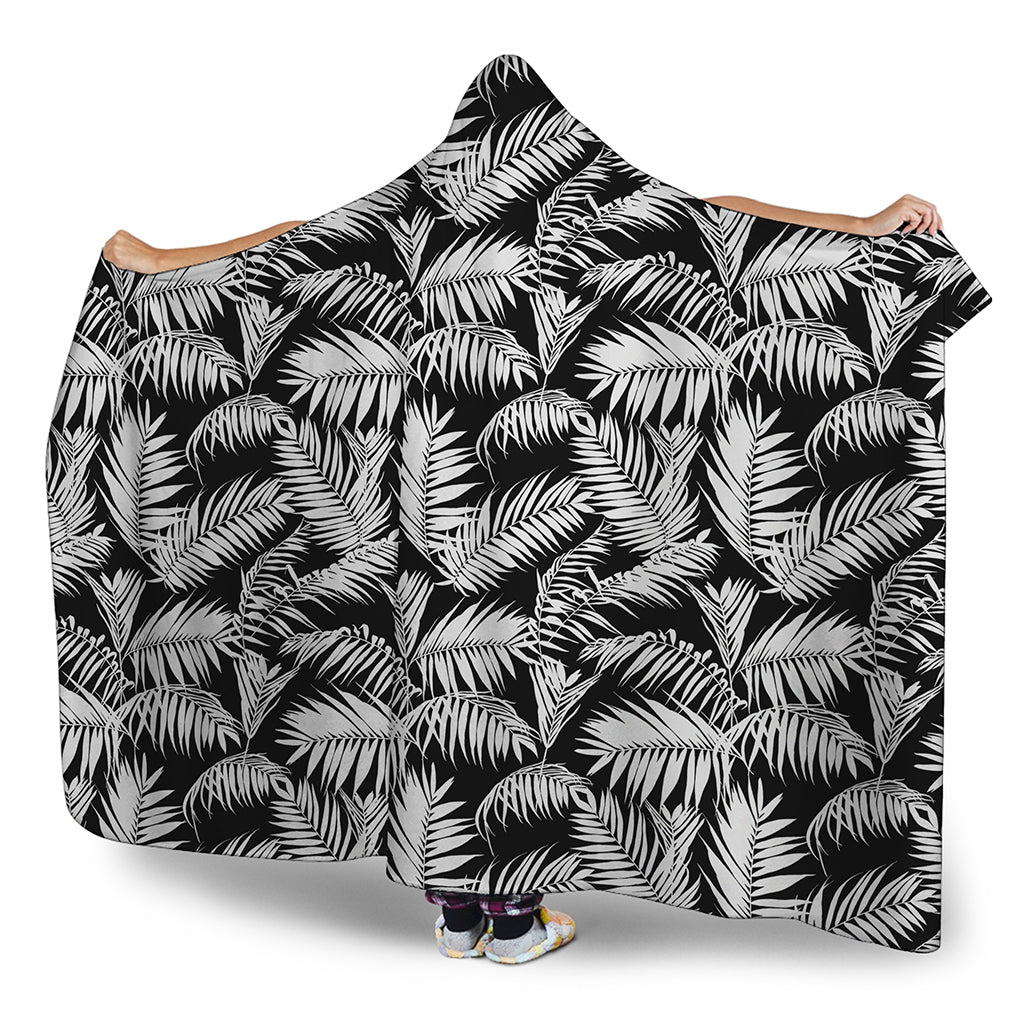 Black And White Palm Leaves Print Hooded Blanket