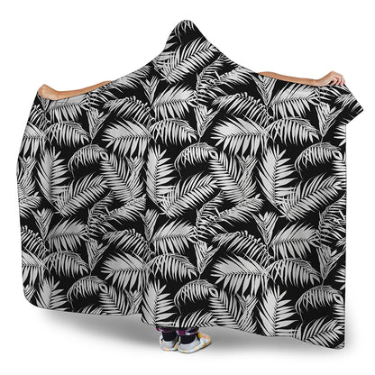 Black And White Palm Leaves Print Hooded Blanket