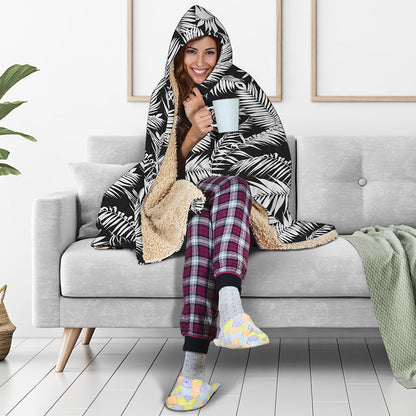 Black And White Palm Leaves Print Hooded Blanket