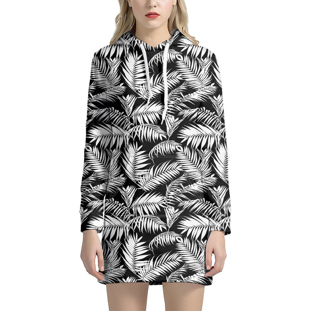 Black And White Palm Leaves Print Hoodie Dress